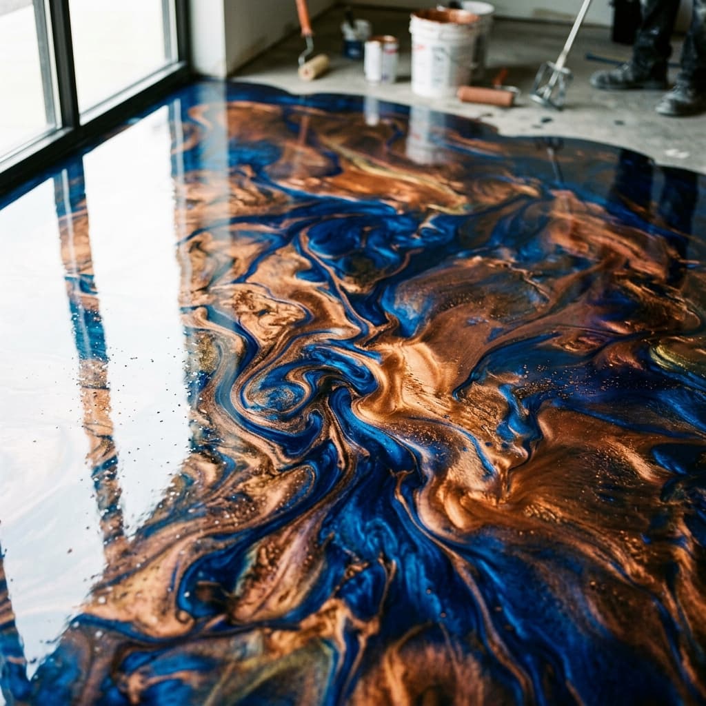 Deep blue and copper metallic epoxy floor